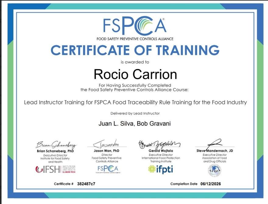 FSPCA Certificate of Training: Lead Instructor Training for FSPCA Food Traceability Rule Training for the Food Industry, awarded to Rocio Carrion