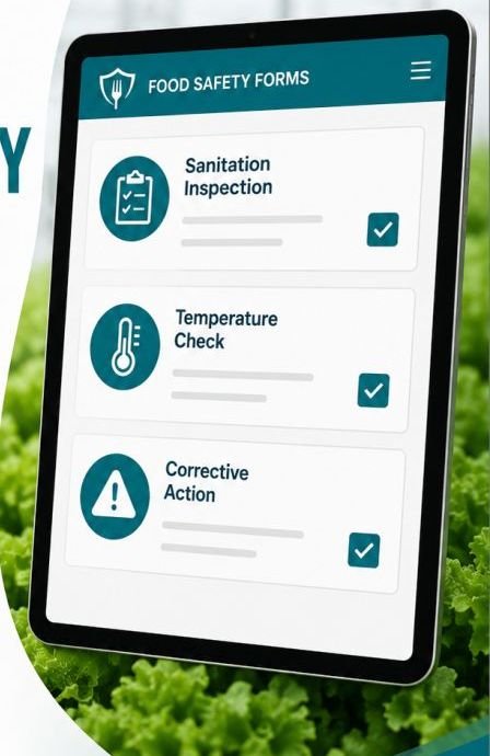 A tablet running SierraSafe digital food safety forms, showing sanitation inspection, temperature check, and corrective action records